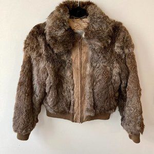 Asian-Mongolian Genuine Rabbit Furs variegated brown coat with leather, size S